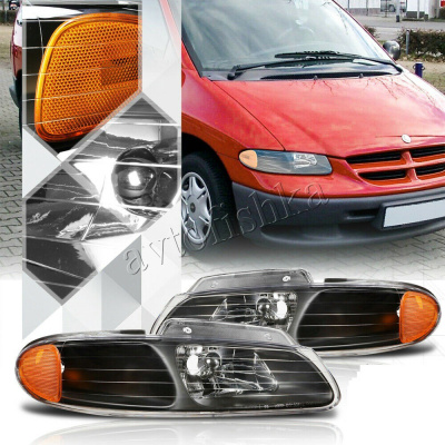 Chrysler Town&Country, Dodge Caravan, Plymouth Voyager (96-00) фары передние зеркальные черные с желтым рефлектором, комплект 2 шт.