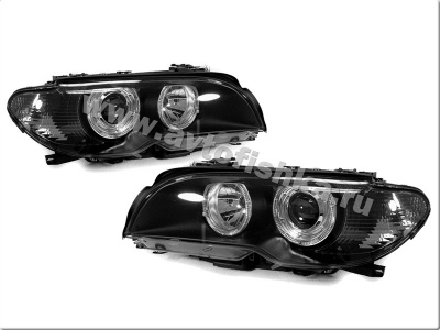 BMW 3 E46 (03-06) 2 дв. фары передние линзовые черные, со светящимися ободками, с мотором электрокорректора, комплект 2 шт.